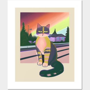 Colorful Sunset Cat Posters and Art